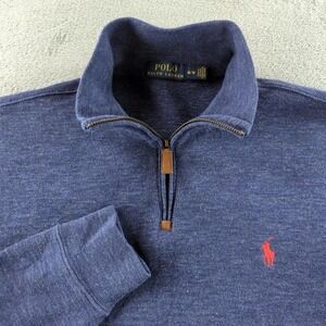 Polo Ralph Lauren Sweatshirt Mens Medium Blue 1/4 Zip Pullover Red Pony Logo